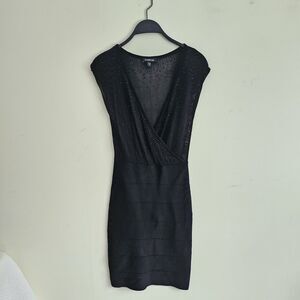 Y2k Bebe Sheer Sparkly Sequin Black Bodycon Bandage Party Knit Sweater Dress